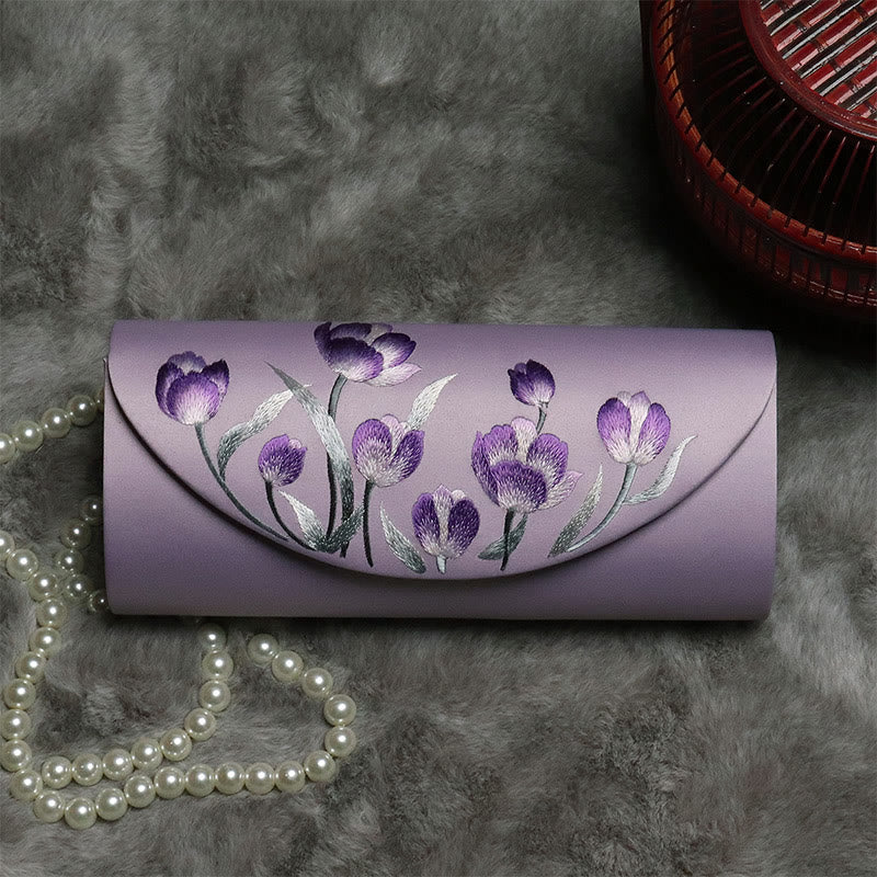 Buddha Stones Tulip Su Embroidery Wedding Shopping Purse Handbag Crossbody Bag - Smoky Purple (Tulip)24*5.5*11cm - image 4