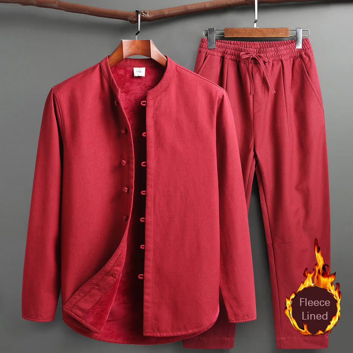Buddha Stones Solid Tang Suit Traditional Fleece Lined Uniform Long Sleeve Top Pants Men's Set - Red - Top&Pants - US/UK/AU46，EU56 (5XL) - image 19