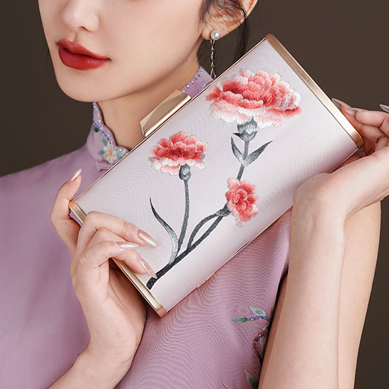 Buddha Stones Carnation Peony Begonia Su Embroidery Wedding Shopping Purse Handbag Crossbody Bag - Champagne (Red Carnation) 20*11cm - image 2
