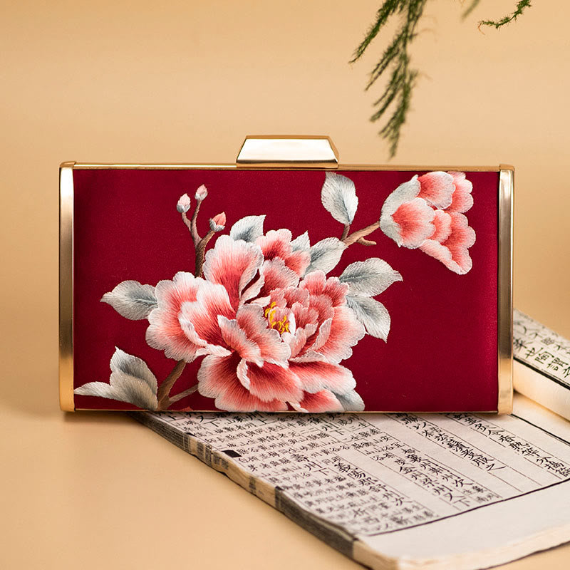 Buddha Stones Carnation Peony Begonia Su Embroidery Wedding Shopping Purse Handbag Crossbody Bag - Wine Red (Peony) 20*11cm - image 0