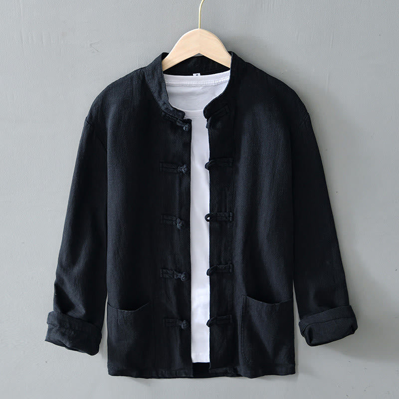 Buddha Stones Frog-Button Chinese Tang Suit Cotton Linen Men Jacket Shirt With Pockets - Black - US/UK/AU50，EU60 (5XL) - image 14