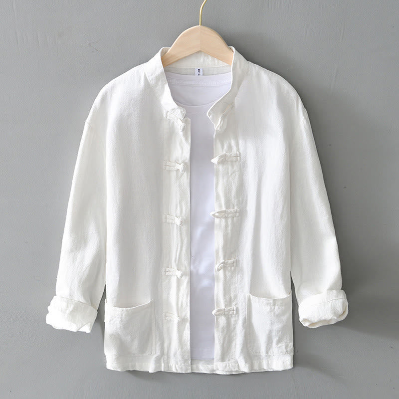 Buddha Stones Frog-Button Chinese Tang Suit Cotton Linen Men Jacket Shirt With Pockets - White - US/UK/AU50，EU60 (5XL) - image 7