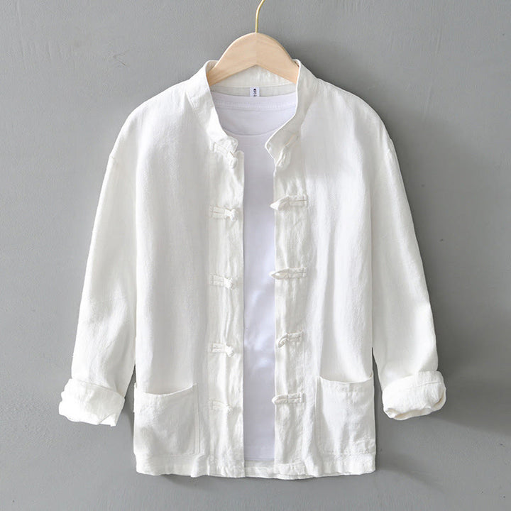 Buddha Stones Frog-Button Chinese Tang Suit Cotton Linen Men Jacket Shirt With Pockets - White - US/UK/AU50，EU60 (5XL) - image 7