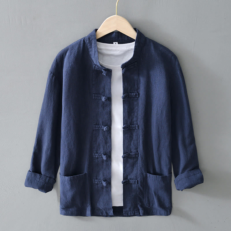 Buddha Stones Frog-Button Chinese Tang Suit Cotton Linen Men Jacket Shirt With Pockets - SteelBlue - US/UK/AU50，EU60 (5XL) - image 29