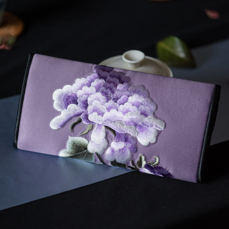 Buddha Stones Peony Flower Su Embroidery Journey Shopping Long Purse Handbag  - Smoky purple (20*10cm) - image 23