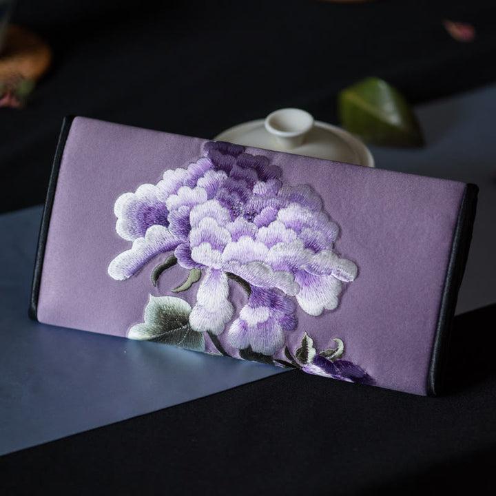 Buddha Stones Peony Flower Su Embroidery Journey Shopping Long Purse Handbag  - Smoky purple (20*10cm) - image 23