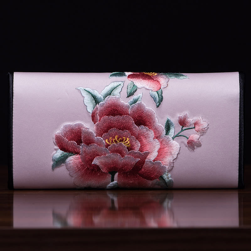 Buddha Stones Peony Su Embroidery Journey Shopping Long Purse Handbag  - Light pink (20*10cm) - image 0