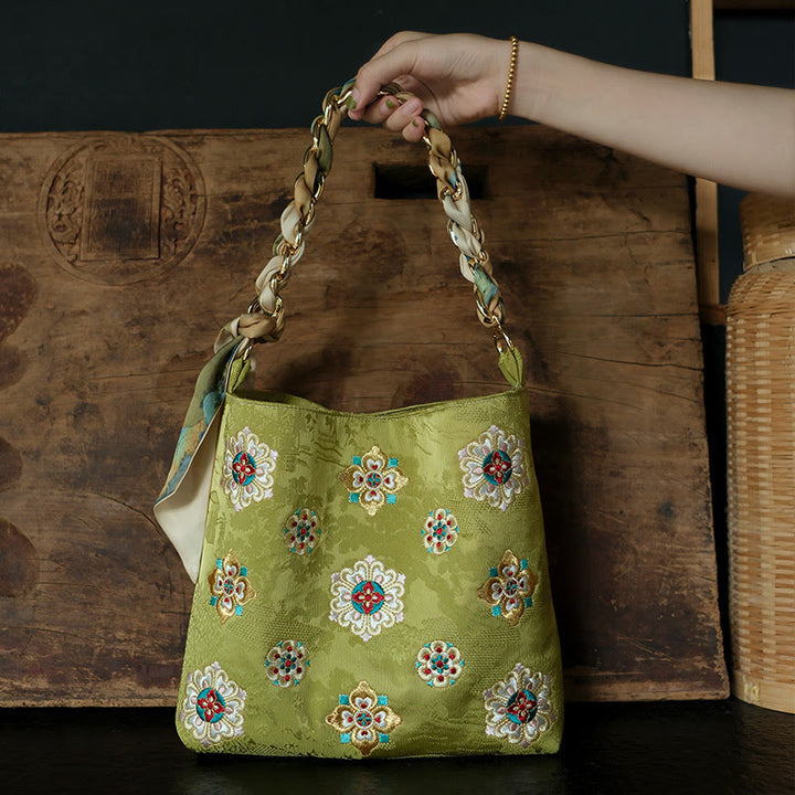 Buddha Stones Satin Su Embroidery Journey Shopping Shoulder Bag Handbag Crossbody Bag - Green (24*7*22cm) - image 0