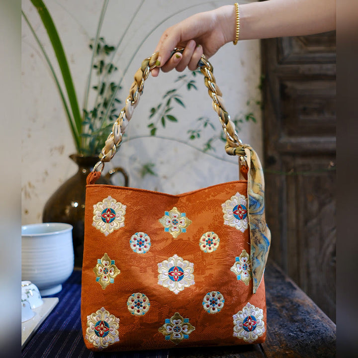 Buddha Stones Satin Su Embroidery Journey Shopping Shoulder Bag Handbag Crossbody Bag - Orange (24*7*22cm) - image 6