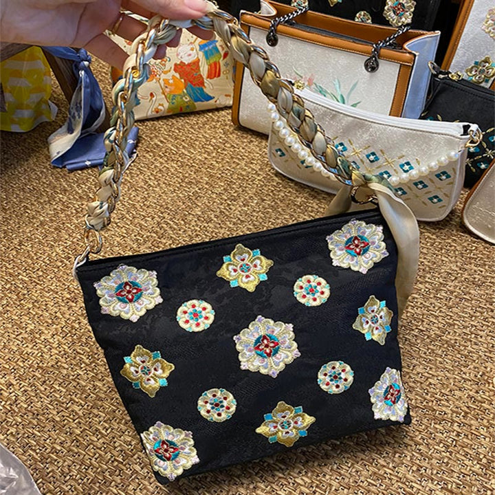 Buddha Stones Satin Su Embroidery Journey Shopping Shoulder Bag Handbag Crossbody Bag - Black (24*7*22cm) - image 14
