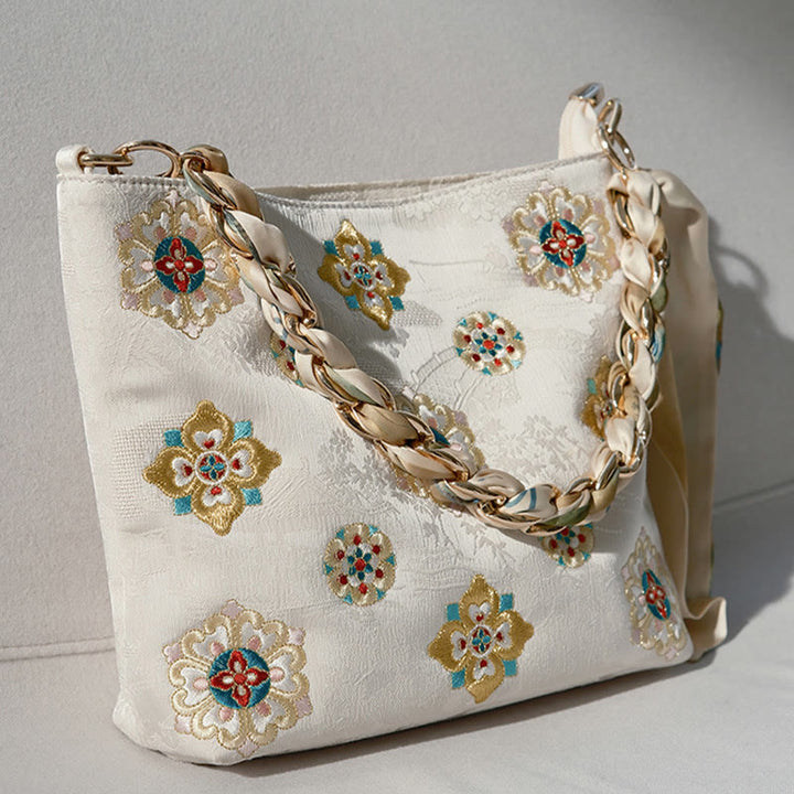 Buddha Stones Satin Su Embroidery Journey Shopping Shoulder Bag Handbag Crossbody Bag - White (24*7*22cm) - image 19