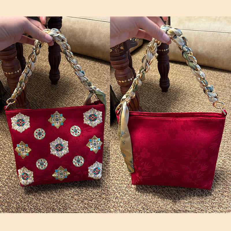 Buddha Stones Satin Su Embroidery Journey Shopping Shoulder Bag Handbag Crossbody Bag - Red (24*7*22cm) - image 18