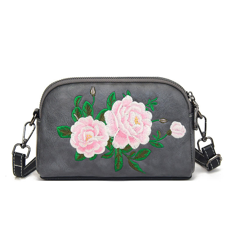 Buddha Stones Peony Pomegranate Flowers Su Embroidery Journey Shopping Purse Shoulder Bag Crossbody Bag - Gray (Peony) 15*7*18cm - image 15