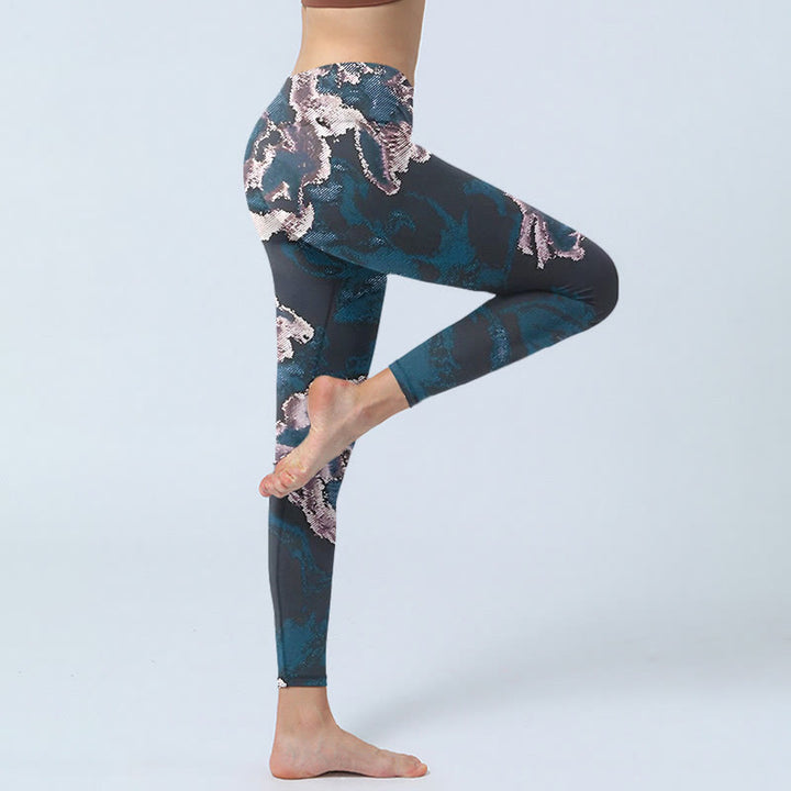 Buddha Stones SteelBlue Silver Flowers Print Exercise Leggings Women's Yoga Pants - image 3