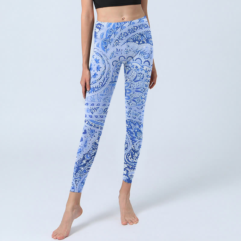 Buddha Stones Persian Style RoyalBlue White Flowers Pattern Print Exercise Leggings Women's Yoga Pants - image 5