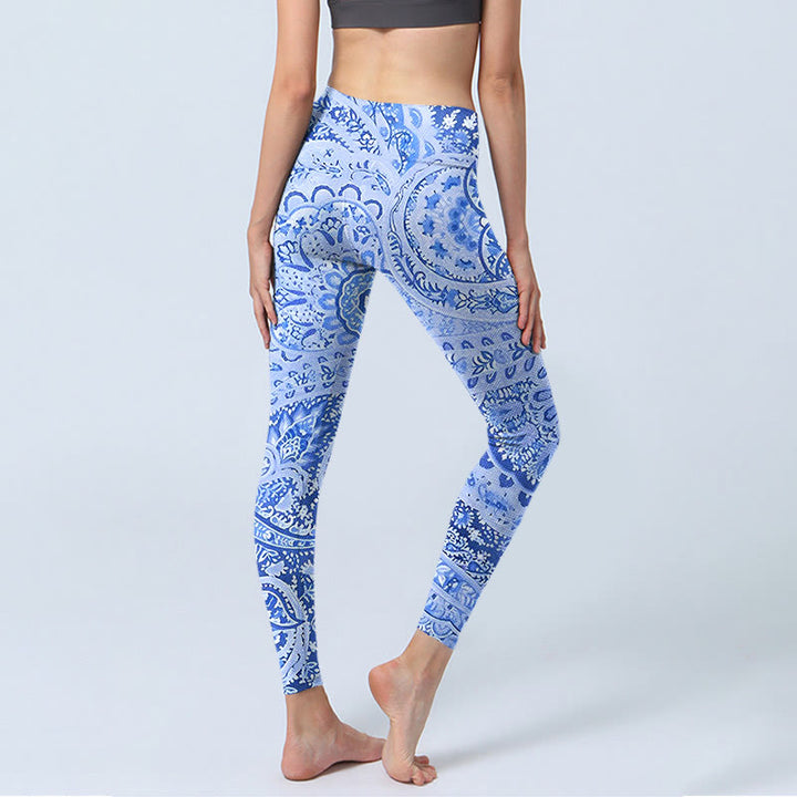 Buddha Stones Persian Style RoyalBlue White Flowers Pattern Print Exercise Leggings Women's Yoga Pants - image 4
