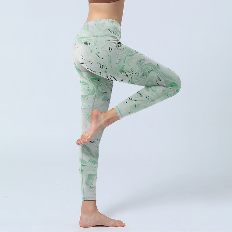Buddha Stones Honeydew Green White Flow Line Print Exercise Leggings Women's Yoga Pants - image 3