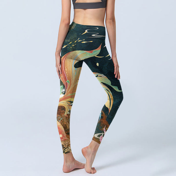 Buddha Stones Dark Slate Gray Double Koi Fish Sky Lantern Tower Exercise Leggings Women's Yoga Pants - image 4