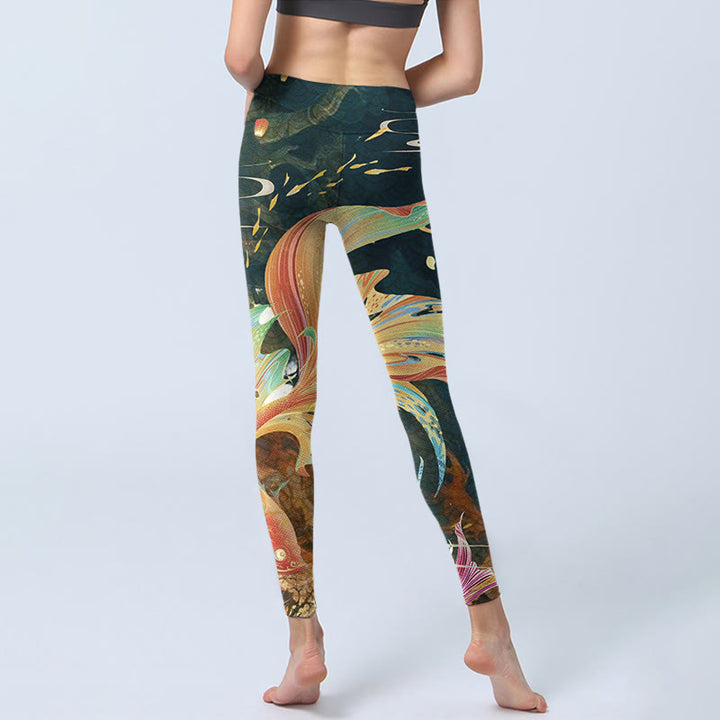 Buddha Stones Dark Slate Gray Double Koi Fish Sky Lantern Tower Exercise Leggings Women's Yoga Pants - image 6