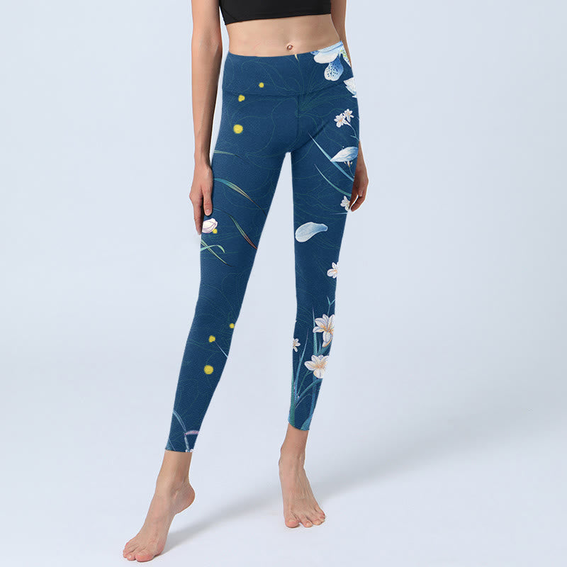 Buddha Stones SteelBlue Small White Flowers Butterfly Exercise Leggings Women's Yoga Pants - image 5
