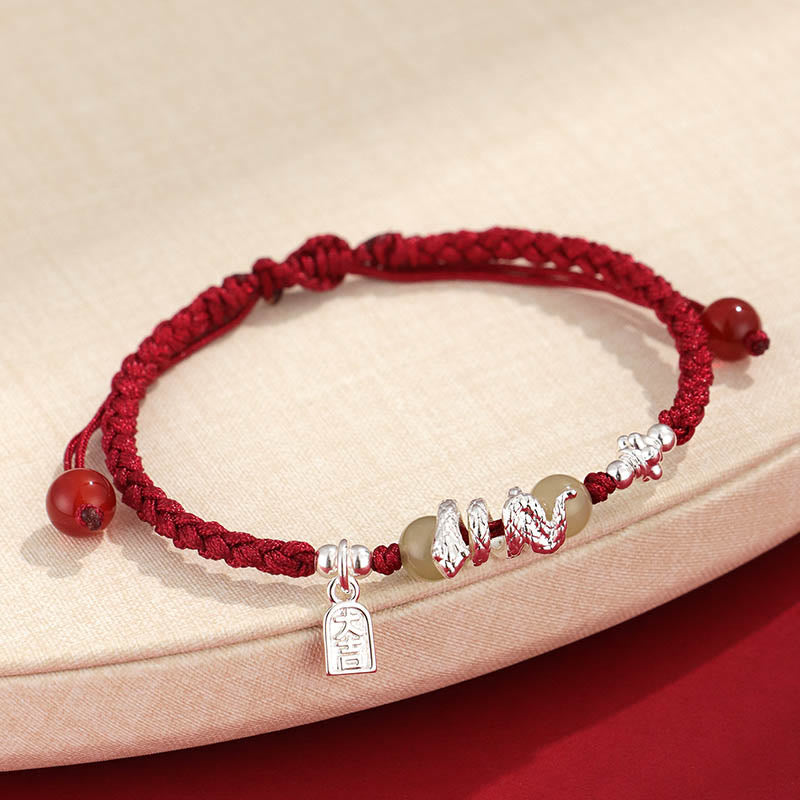 Buddha Stones Hetian Jade Year of the Snake String Protection Braided Bracelet - Dark Red Rope(Wrist Circumference: 14-16.5cm) - image 0
