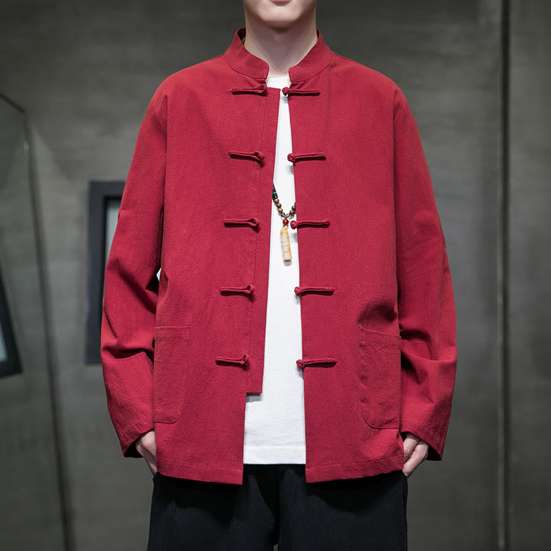 Buddha Stones Simple Frog-Button Chinese Tang Suit Cotton Men Jacket Shirt With Pockets - Red - US/UK/AU46，EU56 (5XL) - image 36