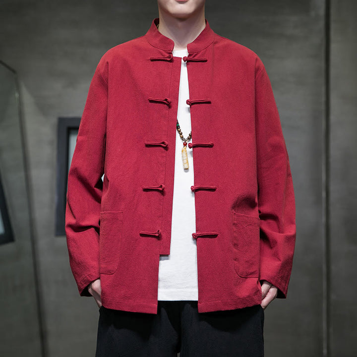 Buddha Stones Simple Frog-Button Chinese Tang Suit Cotton Men Jacket Shirt With Pockets - Red - US/UK/AU46，EU56 (5XL) - image 36
