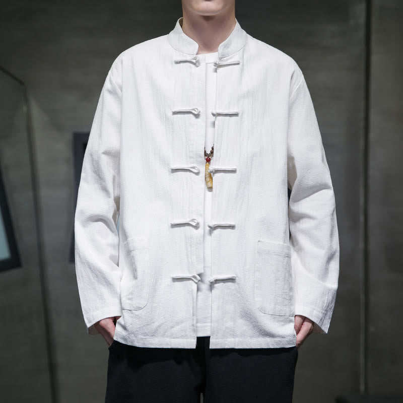 Buddha Stones Simple Frog-Button Chinese Tang Suit Cotton Men Jacket Shirt With Pockets - White - US/UK/AU46，EU56 (5XL) - image 0