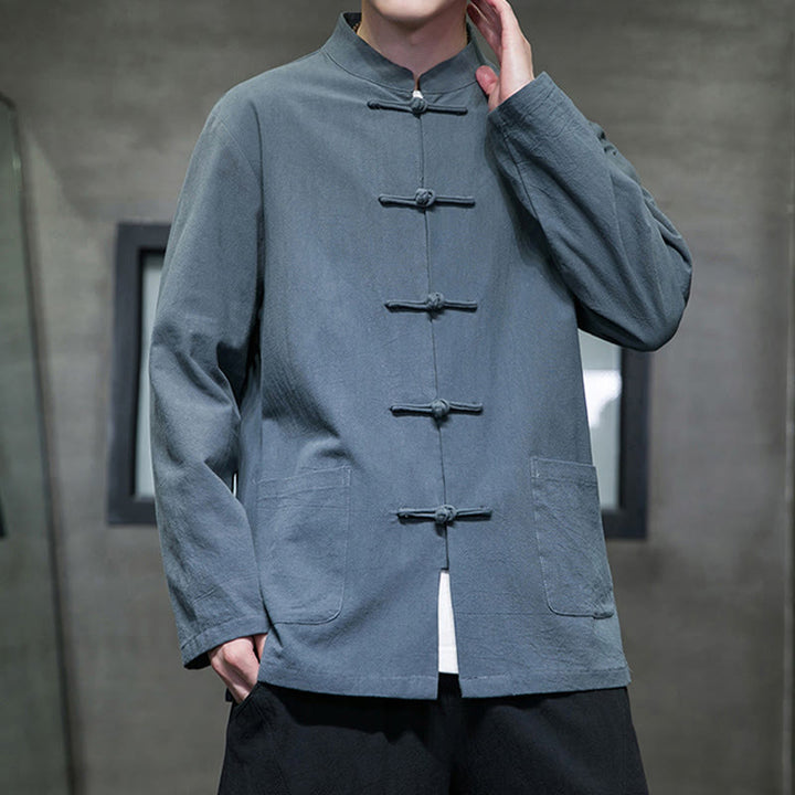 Buddha Stones Simple Frog-Button Chinese Tang Suit Cotton Men Jacket Shirt With Pockets - image 17