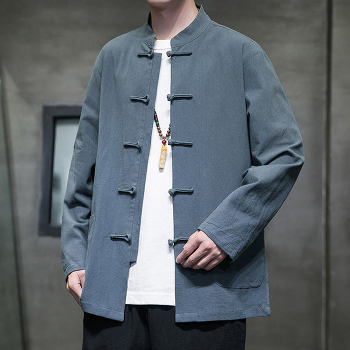 Buddha Stones Simple Frog-Button Chinese Tang Suit Cotton Men Jacket Shirt With Pockets - image 20