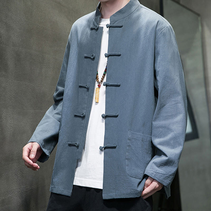 Buddha Stones Simple Frog-Button Chinese Tang Suit Cotton Men Jacket Shirt With Pockets - image 16