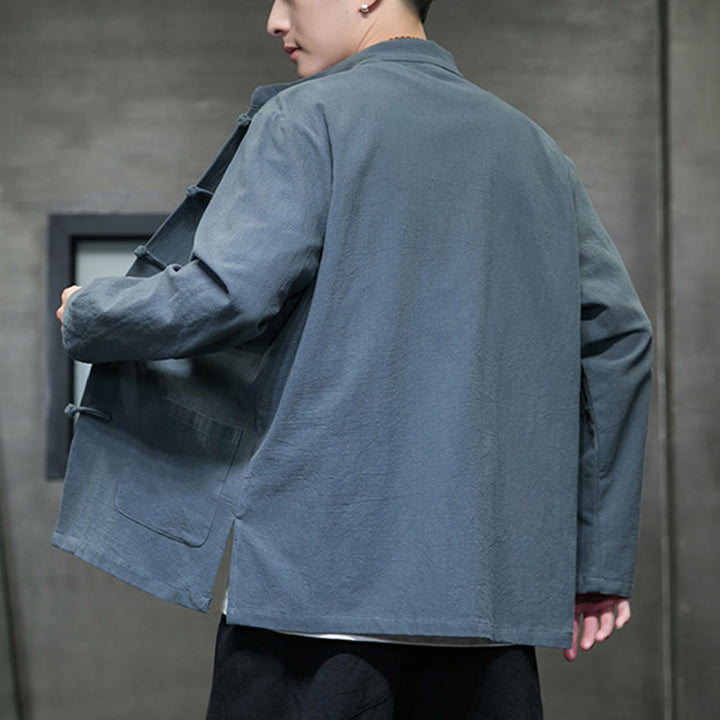 Buddha Stones Simple Frog-Button Chinese Tang Suit Cotton Men Jacket Shirt With Pockets - image 14