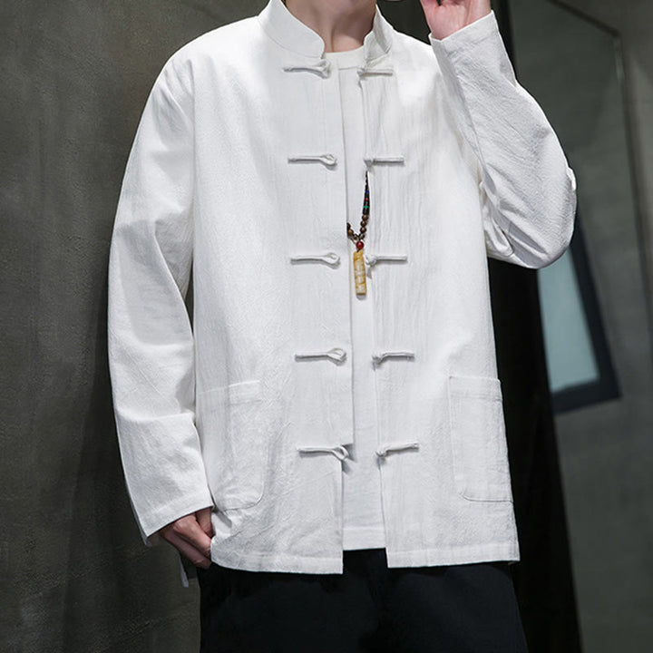 Buddha Stones Simple Frog-Button Chinese Tang Suit Cotton Men Jacket Shirt With Pockets - image 3