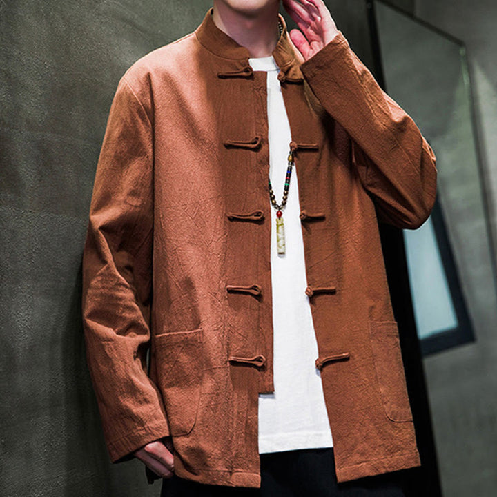 Buddha Stones Simple Frog-Button Chinese Tang Suit Cotton Men Jacket Shirt With Pockets - image 29