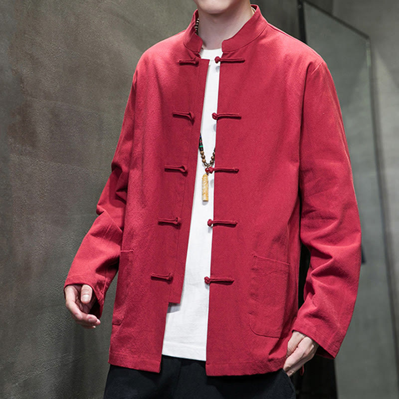 Buddha Stones Simple Frog-Button Chinese Tang Suit Cotton Men Jacket Shirt With Pockets - image 41