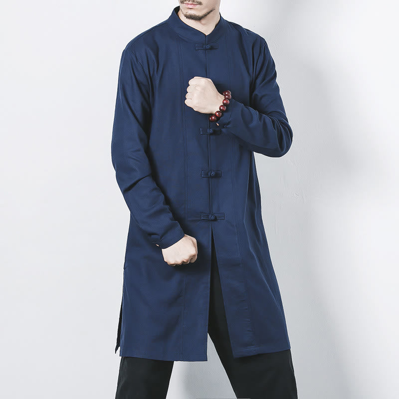 Buddha Stones Fall Simple Frog-Button Linen Men's Mid-length Coat Zen Clothing - SteelBlue - US/UK/AU46，EU56 (5XL) - image 0