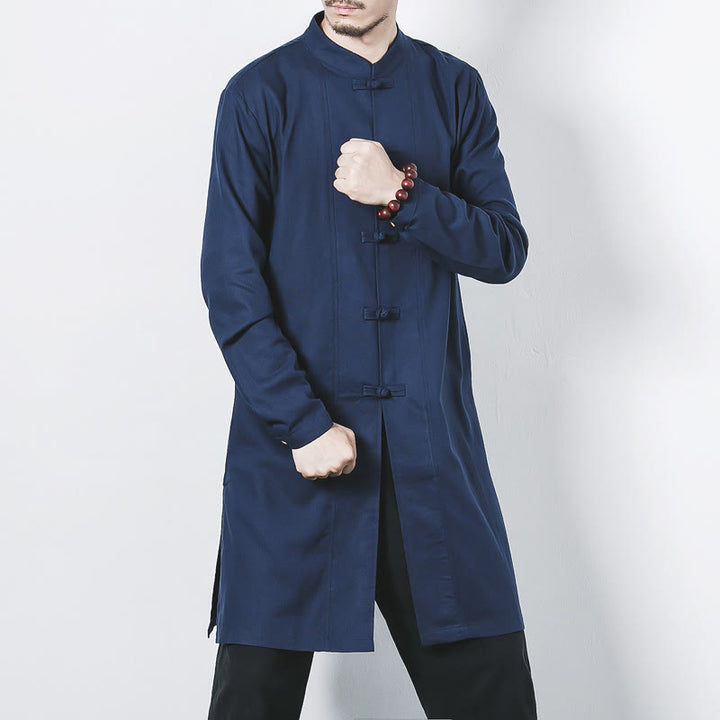 Buddha Stones Fall Simple Frog-Button Linen Men's Mid-length Coat Zen Clothing - SteelBlue - US/UK/AU46，EU56 (5XL) - image 0