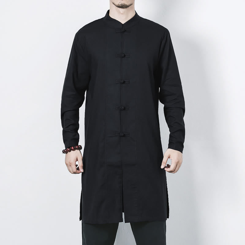 Buddha Stones Fall Simple Frog-Button Linen Men's Mid-length Coat Zen Clothing - image 17