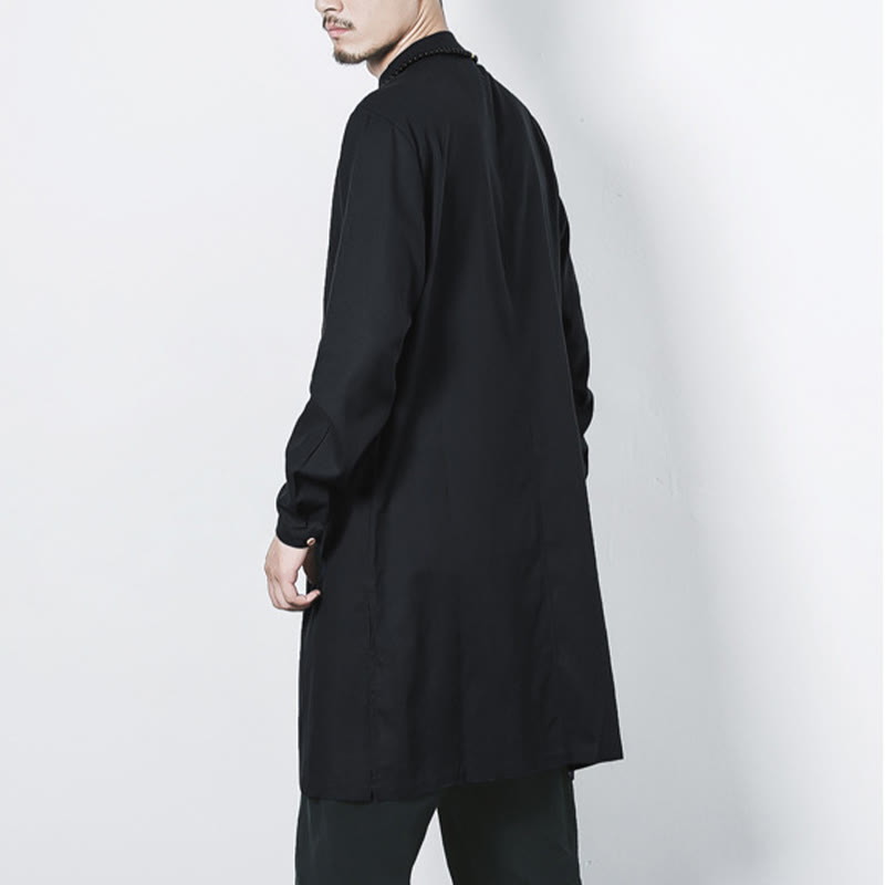 Buddha Stones Fall Simple Frog-Button Linen Men's Mid-length Coat Zen Clothing - image 19