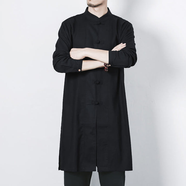 Buddha Stones Fall Simple Frog-Button Linen Men's Mid-length Coat Zen Clothing - image 20
