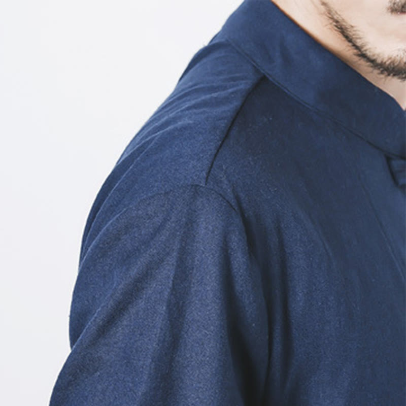 Buddha Stones Fall Simple Frog-Button Linen Men's Mid-length Coat Zen Clothing - image 8