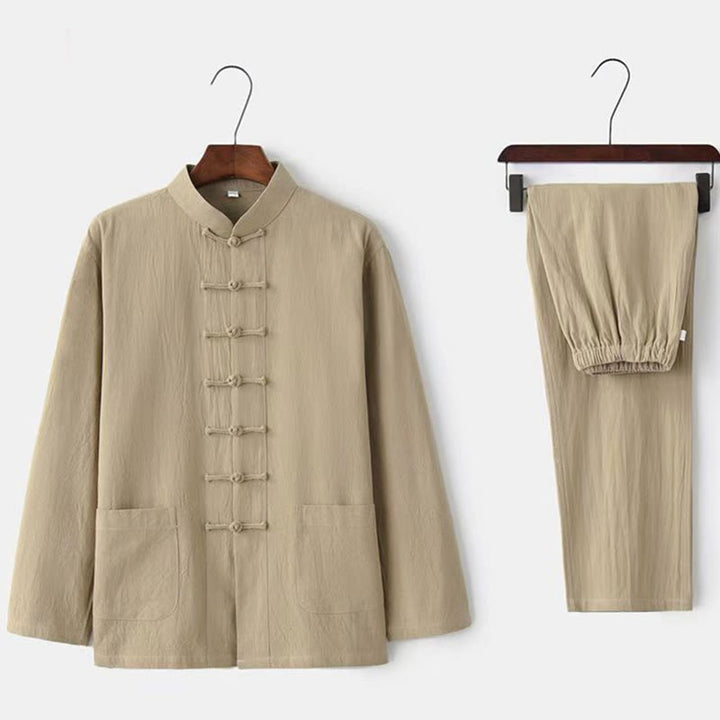 Buddha Stones 2Pcs Tang Suit Traditional Frog-Button Uniform Long Sleeve Shirt Pants Men's Set - Beige - US/UK/AU46，EU56 (5XL) - image 0