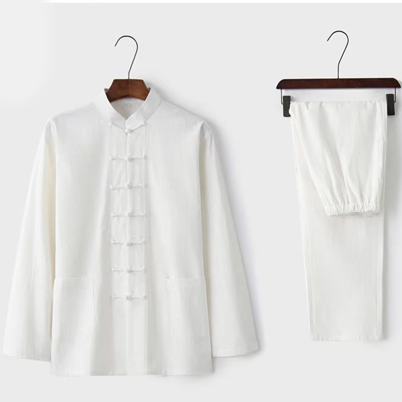 Buddha Stones 2Pcs Tang Suit Traditional Frog-Button Uniform Long Sleeve Shirt Pants Men's Set - White - US/UK/AU46，EU56 (5XL) - image 1