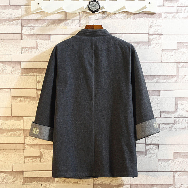 Buddha Stones Men's Frog-Button Tang Suit Three Quarter Sleeve Kimono With Pockets - image 1