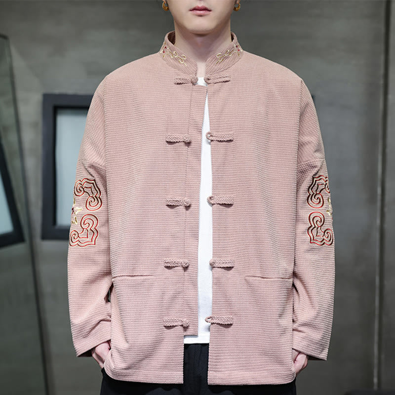 Buddha Stones Men's Frog-Button Tang Suit Corduroy Cotton Embroidery Long Jacket Shirt With Pockets - LightPink - US/UK/AU46，EU56 (5XL) - image 5