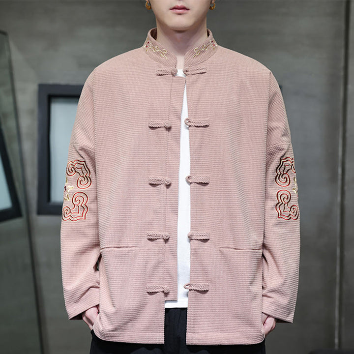Buddha Stones Men's Frog-Button Tang Suit Corduroy Cotton Embroidery Long Jacket Shirt With Pockets - LightPink - US/UK/AU46，EU56 (5XL) - image 5