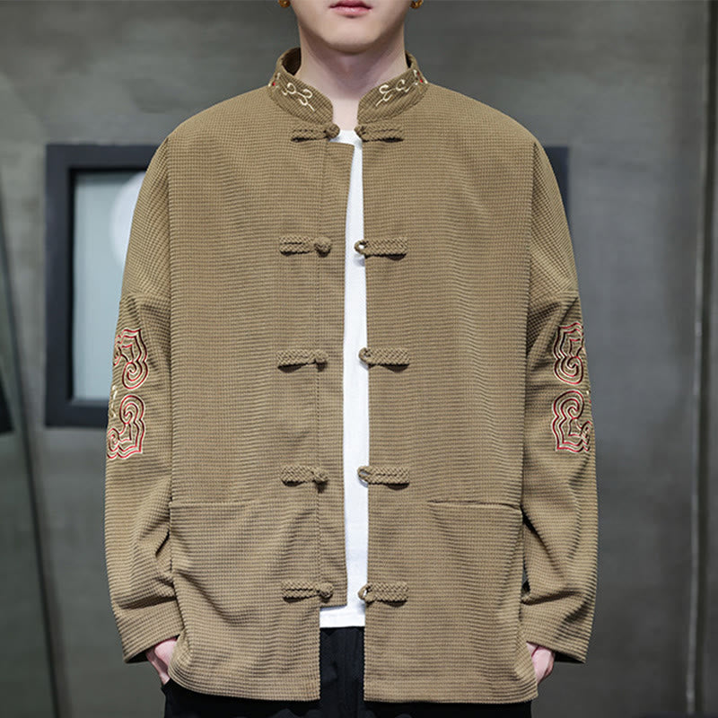 Buddha Stones Men's Frog-Button Tang Suit Corduroy Cotton Embroidery Long Jacket Shirt With Pockets - BurlyWood - US/UK/AU46，EU56 (5XL) - image 11