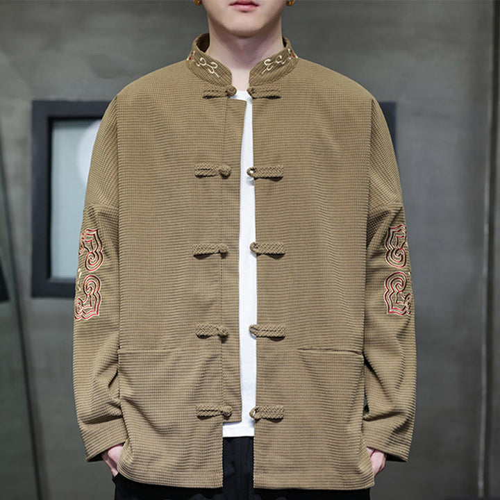 Buddha Stones Men's Frog-Button Tang Suit Corduroy Cotton Embroidery Long Jacket Shirt With Pockets - BurlyWood - US/UK/AU46，EU56 (5XL) - image 11