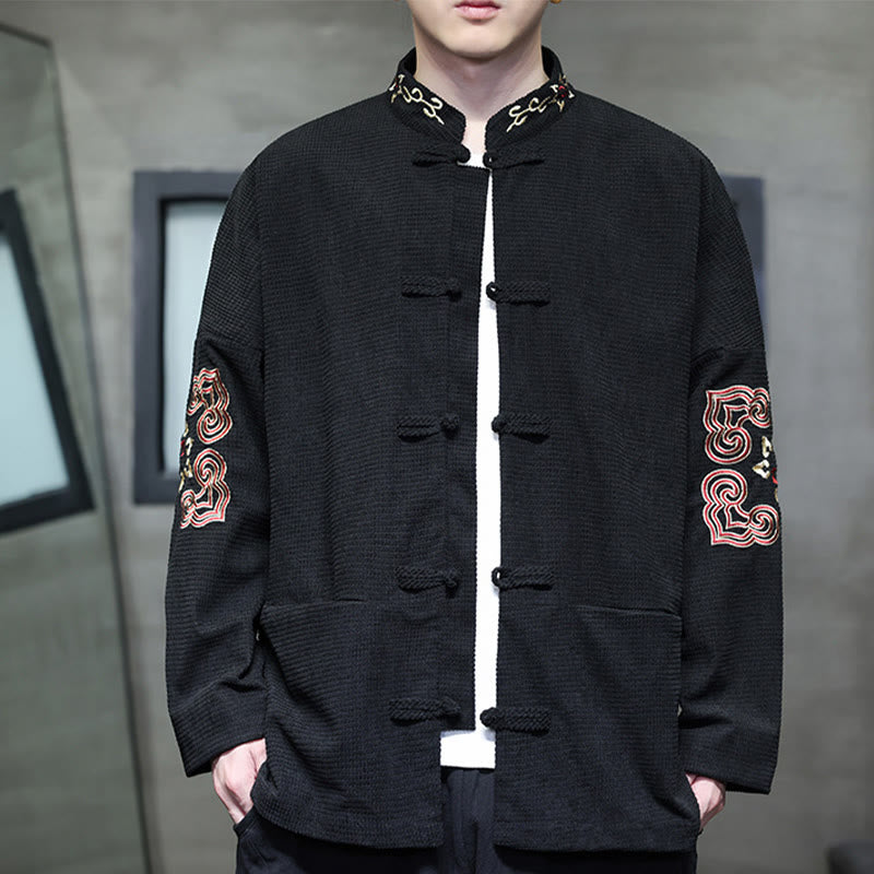 Buddha Stones Men's Frog-Button Tang Suit Corduroy Cotton Embroidery Long Jacket Shirt With Pockets - Black - US/UK/AU46，EU56 (5XL) - image 6