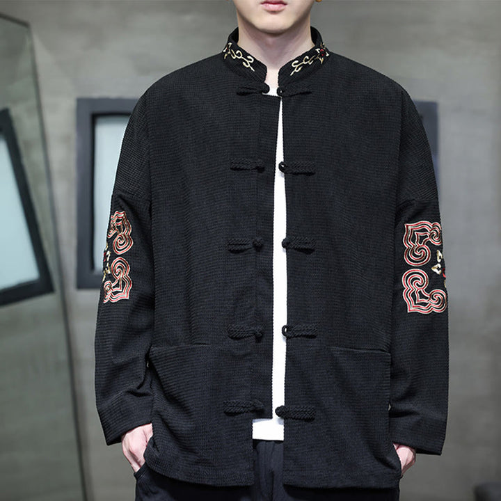 Buddha Stones Men's Frog-Button Tang Suit Corduroy Cotton Embroidery Long Jacket Shirt With Pockets - Black - US/UK/AU46，EU56 (5XL) - image 6